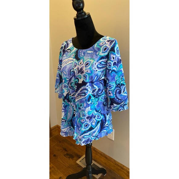 Soft Surroundings Blouse Sz ? Medium Top Blue Ruffled Edge Sleeve & V Hemline - Picture 4 of 11